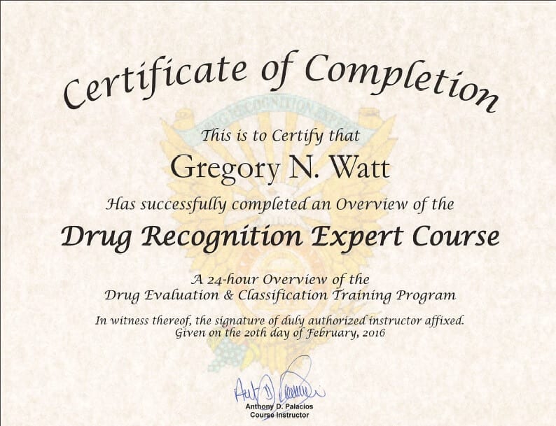 Drug Recognition Expert Course successful completion certificate