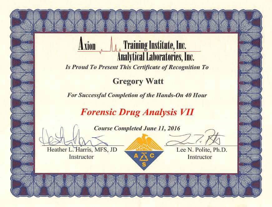 Forensic Drug Analysis VII course lawyers certificate for Kansas City MO lawyer Greg Watt