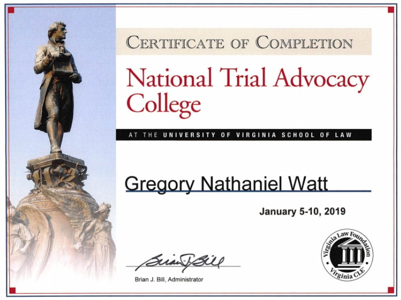 National Trial Advocacy College Certificate for Kansas City criminal defense lawyer Greg Watt