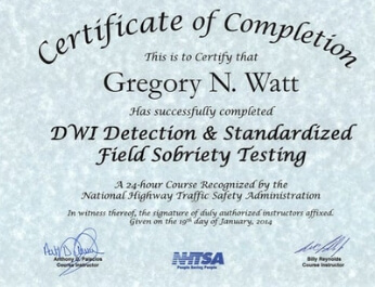 DWI Detection and Standardized Field Sobriety training certificate for Kansas City MO lawyer Greg Watt