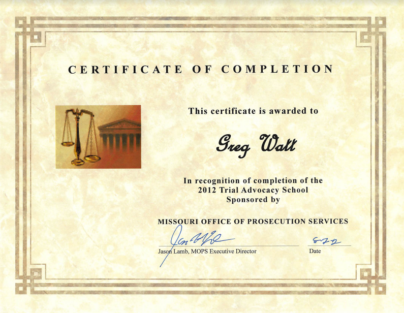The best Kansas City criminal defense lawyer Greg Watt's Trial advocacy school certificate