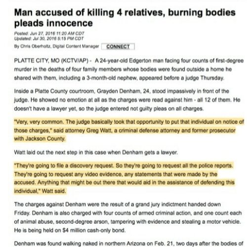 Newspaper clipping of article about man pleading innocent to homicide