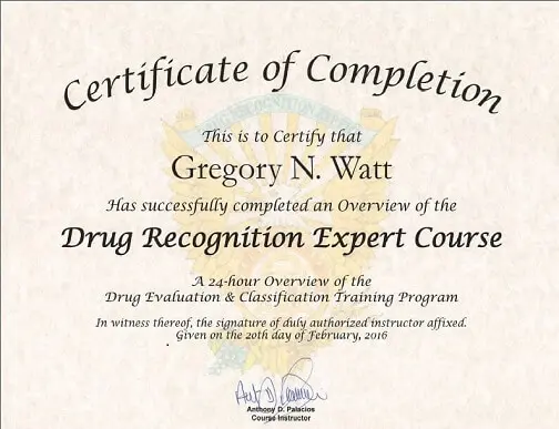 Drug Recognition Expert Course Certificate of Completion for Greg Watt