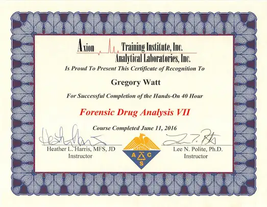 Forensic Drug Analysis VII course lawyers certificate for Kansas City MO lawyer Greg Watt