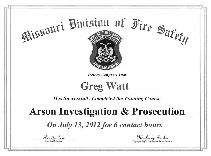 Missouri Division Of Fire Safety certificate for Arson Investigation & Prosecution