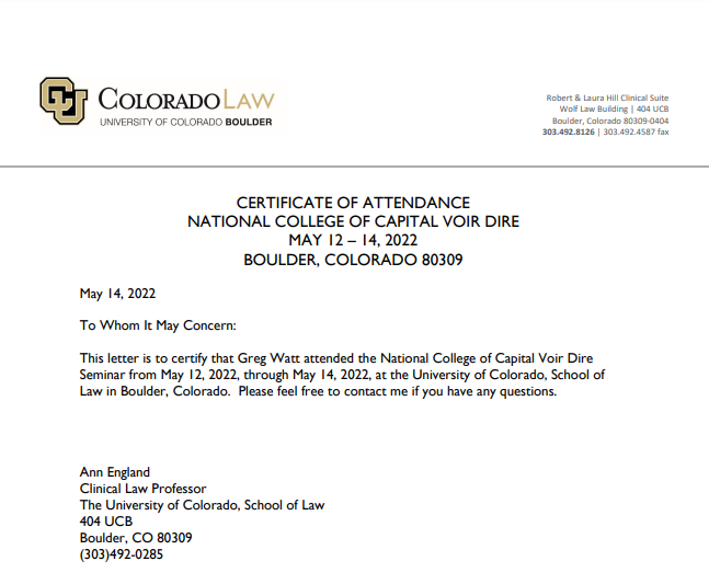 Greg Watt Kansas City Criminal Defense Lawyer certificate of attendance National College Of Capital Voir Dire
