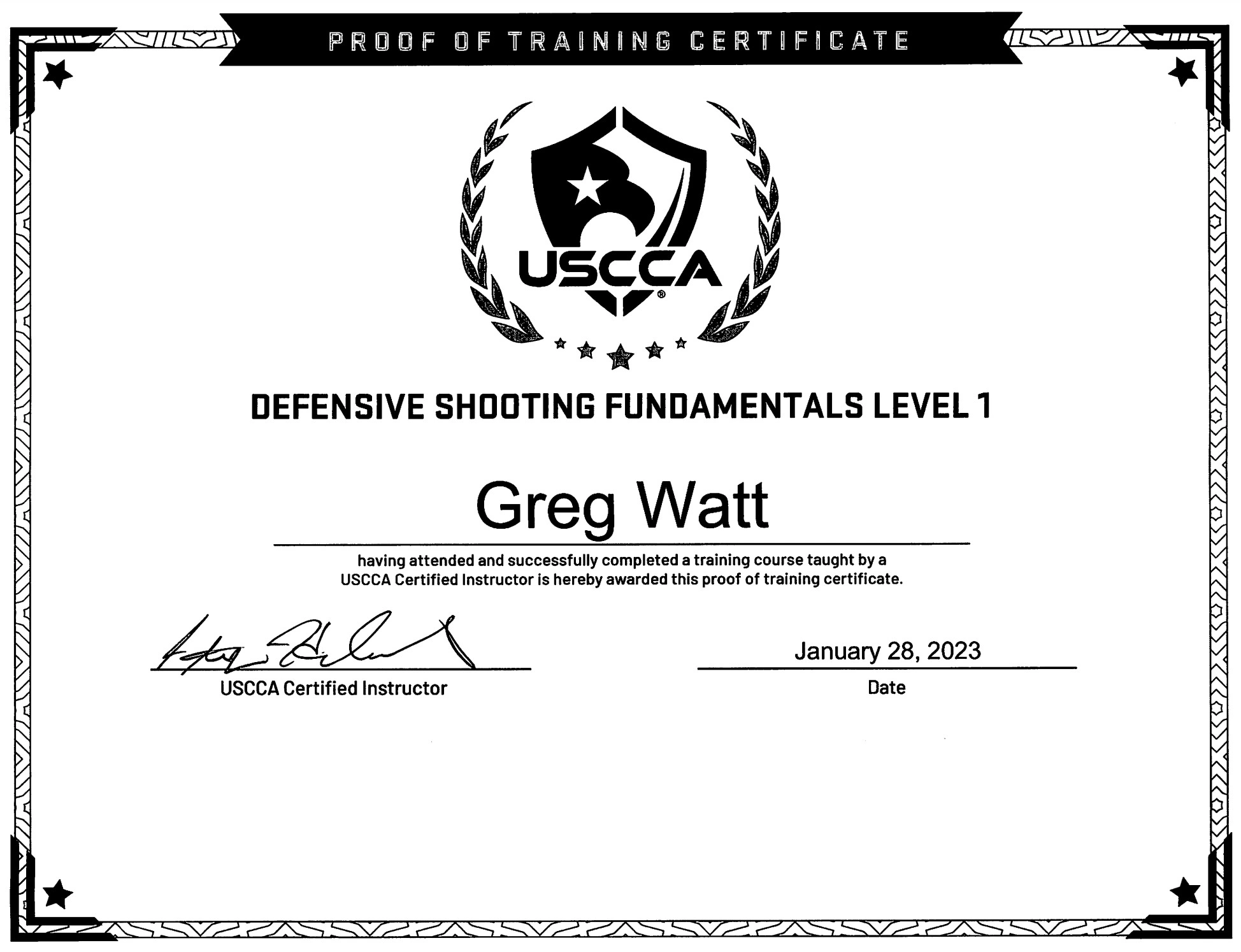 Defensive Shooting Fundamentals Certificate for Greg Watt